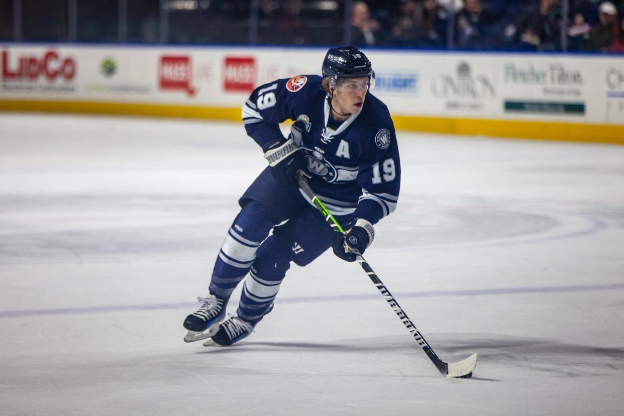 Worcester Railers forward Blade Jenkins controls the puck during a game this season at the DCU Center.