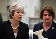Britain's Prime Minister Theresa May and Arlene Foster, the leader of the Democratic Unionist Party (DUP) visit Belleek Pottery, in St Belleek, Fermanagh, Northern Ireland, July 19, 2018. REUTERS/Clodagh Kilcoyne//Pool