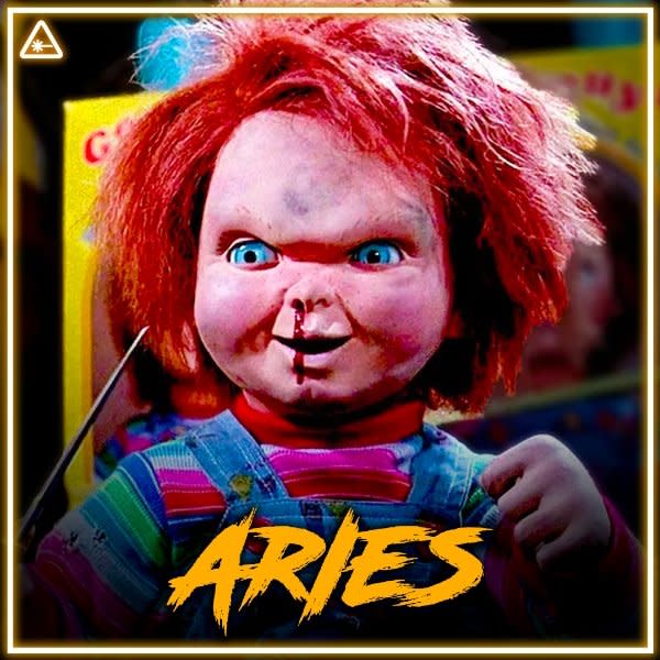 image of chucky with aires in scrawling orange letters at the bottom for his zodiac sign