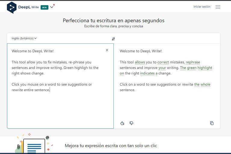 El funcionamiento de DeepL Write es muy sencillo: se pega el texto en inglés, lo analizará y luego ofrecerá algunas sugerencias. También tiene un traductor automático