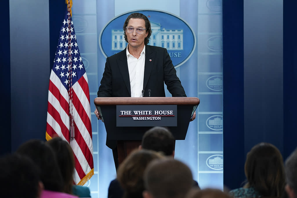 Actor Matthew McConaughey speaks during a press briefing at the White House with press secretary Karine Jean-Pierre, Tuesday, June 7, 2022, in Washington. - Credit: AP