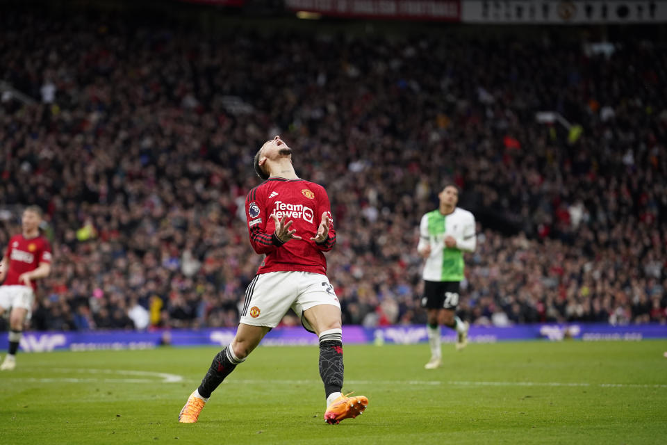 Manchester United's Antony reacts during the English Premier League soccer match between Manchester United and Liverpool at the Old Trafford stadium in Manchester, England, Sunday, April 7, 2024. (AP Photo/Dave Thompson)