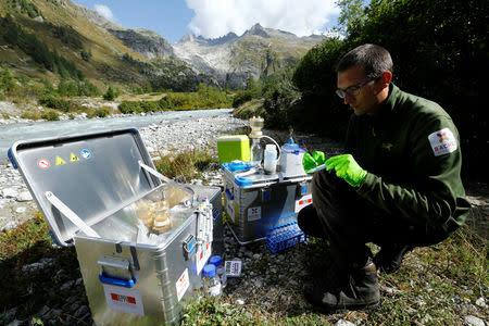 Hannes Peter of the Alpine and Polar Environment Research Center (Alpole) from the Ecole Polytechnique Federale de Lausanne (EPFL) collects microorganisms from a stream to extract their DNA to better understand how they have adapted to their extreme environment, near the Rhone Glacier in Furka, Switzerland, September 13, 2018. REUTERS/Denis Balibouse