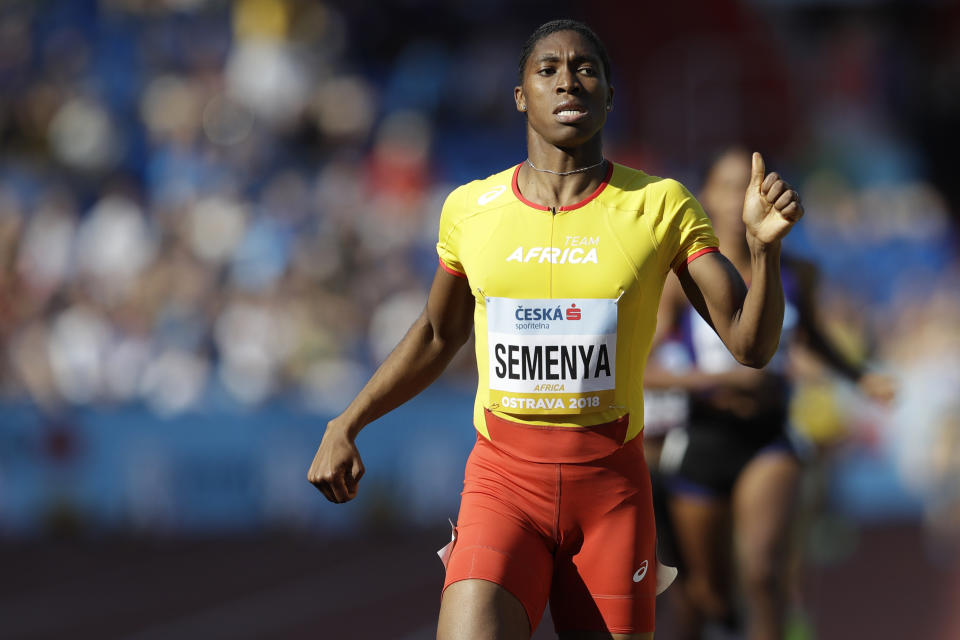 FILE - In this Sunday, Sept. 9, 2018 file photo, Caster Semenya of South Africa crosses the finish line to win the women's 800 meters for Africa at the IAAF track and field Continental Cup in Ostrava, Czech Republic. Semenya has accused IAAF president Sebastian Coe of opening “old wounds” in an interview in an Australian newspaper, where he said female athletes with high levels of naturally occurring testosterone were a threat to fairness in women’s sport. (AP Photo/Petr David Josek, File)