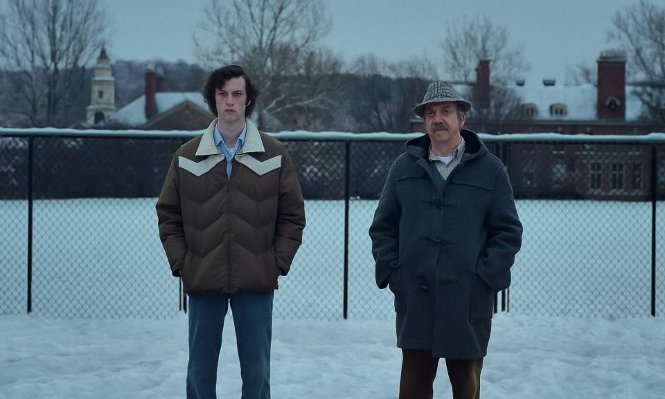 Angus (Dominic Sessa, left) and Paul (Paul Giamatti) butt heads at boarding school in Christmas-set comedy "The Holdovers."