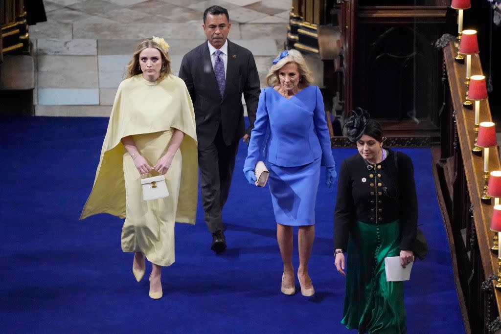 london, england may 06 first lady of the united states, dr jill biden, and her granddaughter finnegan biden ahead of the coronation of king charles iii and queen camilla on may 6, 2023 in london, england the coronation of charles iii and his wife, camilla, as king and queen of the united kingdom of great britain and northern ireland, and the other commonwealth realms takes place at westminster abbey today charles acceded to the throne on 8 september 2022, upon the death of his mother, elizabeth ii photo by andrew matthews wpa poolgetty images