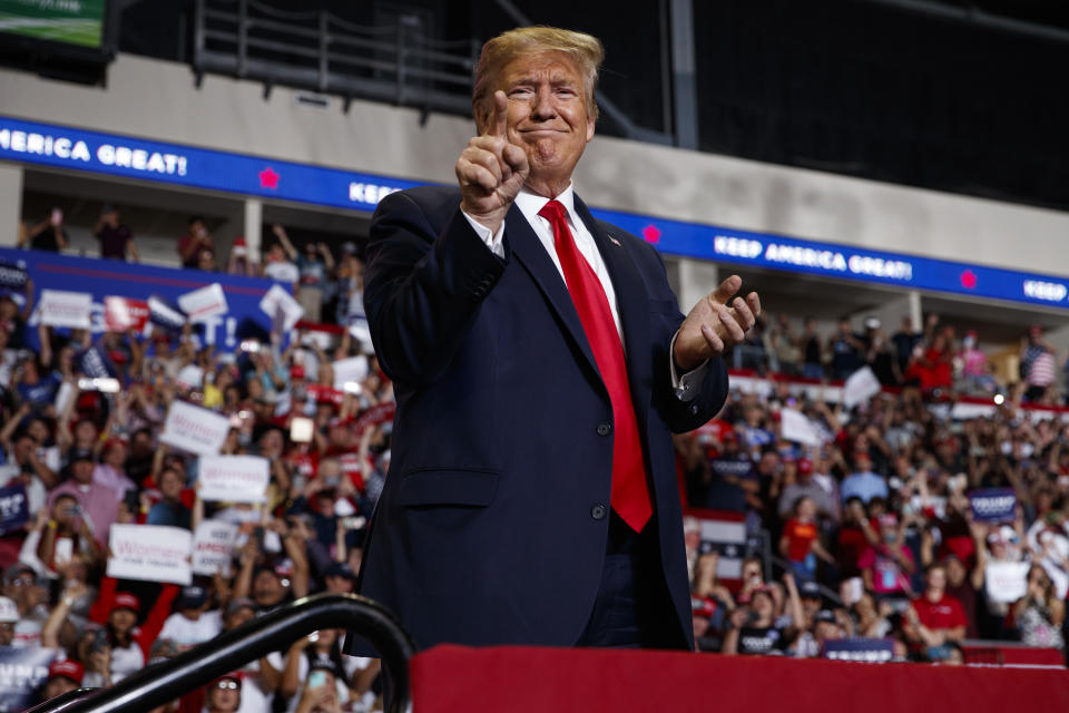 President Donald Trump arrives to speak at a campaign rally at the Santa Ana Star Center, Monday, Sept. 16, 2019, in Rio Rancho, N.M. (AP Photo/Evan Vucci)