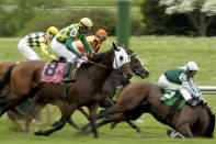 FILE - Up an Octave, right, ridden by John Velazquez, breaks down and falls about a sixteenth of a mile past the finish line after winning the Forerunner Stakes horse race at Keeneland in Lexington, Ky., April 20, 2006. Up an Octave had to be euthanized on the track. No. 8 is Yate's Black Cat, ridden by Rene Douglas. Horse deaths marred last year’s Kentucky Derby, Preakness and Breeders’ Cup, with officials finding no single factor to blame. (AP Photo/Charles Bauer, File)