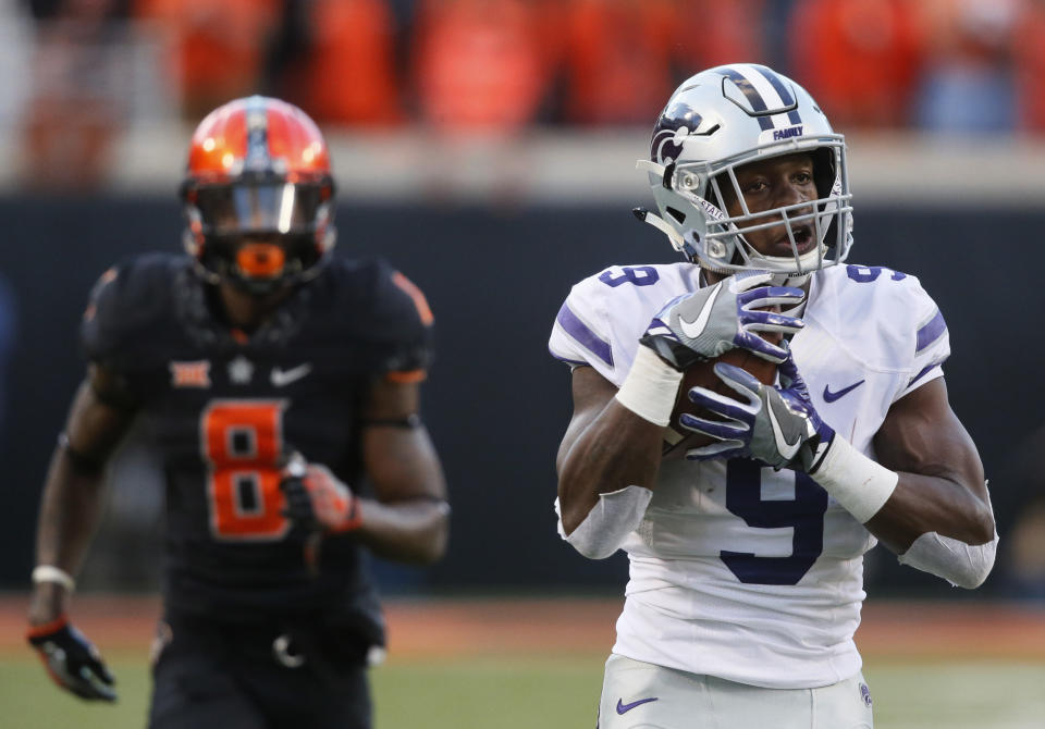 Three of Byron Pringle’s six touchdowns came against Oklahoma State. (AP Photo/Sue Ogrocki)