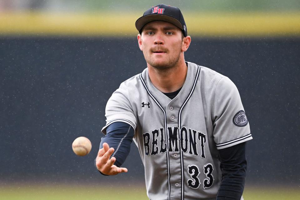 Belmont player Brodey Heaton tosses a ball to a team mate during an NCAA baseball game against Tennessee Martin on Friday, May 6, 2022, in Martin, Tenn. (AP Photo/John Amis)