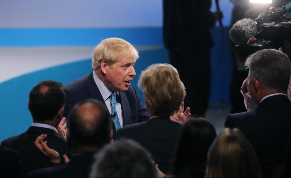 Prime Minister Boris Johnson greets cabinet ministers following his keynote speech on the final day of the Conservative Party Conference being held at the Manchester Convention Centre. Picture dated: Wednesday October 2, 2019. Photo credit should read: Isabel Infantes/ EMPICS Entertainment.