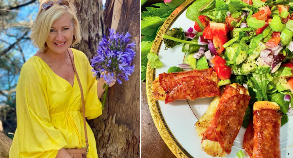 Kim McCosker (left) and crispy Sopressa roll-ups with salad (right). 