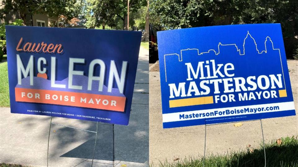 Campaign signs in Boise’s North End on Sept. 9, 2023, advocate for the re-election of first-term Mayor Lauren McLean and her challenger, former Boise Police Chief Mike Masterson, in the Nov. 7, 2023, city election.