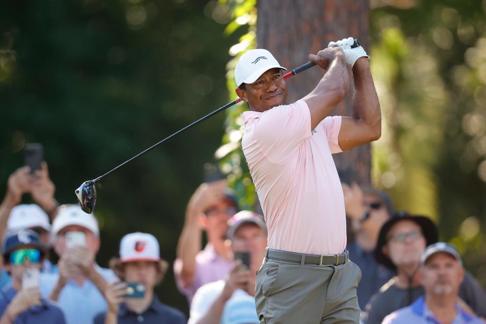 PINEHURST, NORTH CAROLINA - JUNE 11: Tiger Woods of the United States plays his shot from the fifth tee during a practice round prior to the U.S. Open at Pinehurst Resort on June 11, 2024 in Pinehurst, North Carolina. (Photo by Alex Slitz/Getty Images)