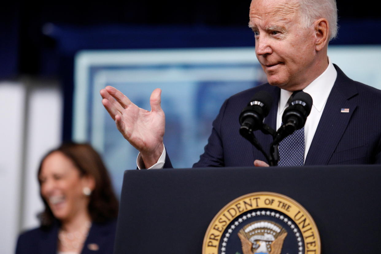 U.S. President Joe Biden delivers remarks about Child Tax Credit tax relief payments during a speech in the Eisenhower Executive Office Building's South Court Auditorium at the White House in Washington, U.S., July 15, 2021. REUTERS/Tom Brenner