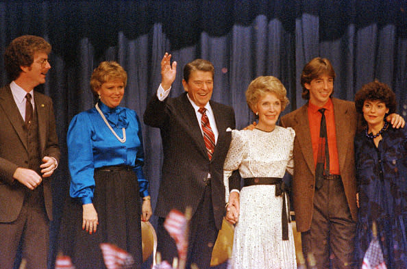 Ronald Reagan’s children Maureen and Ron looked as 1984 as humanly possible at their father’s reelection victory speech.