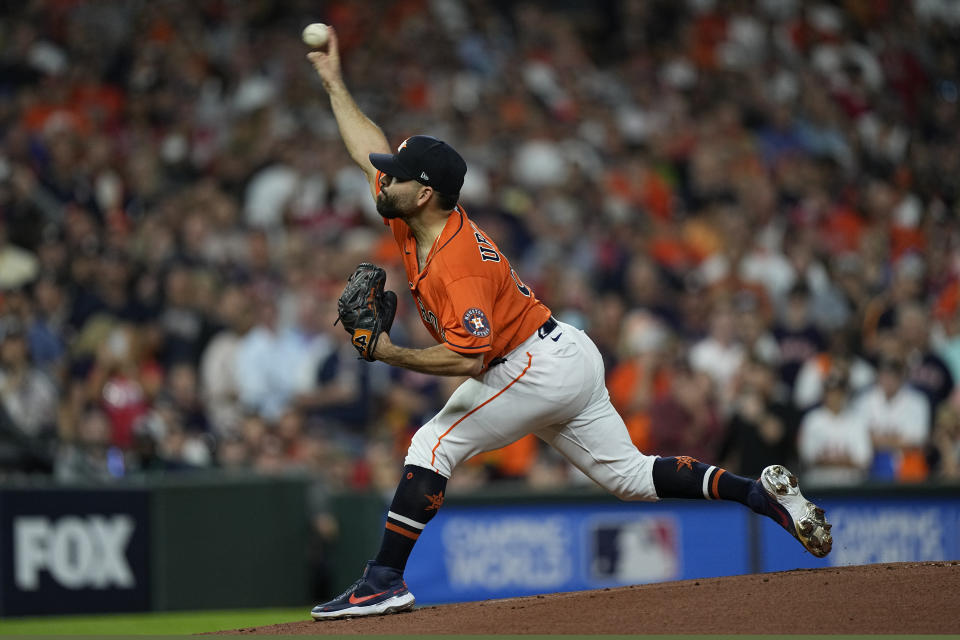 Houston Astros starting pitcher Jose Urquidy throws during the first inning in Game 2 of baseball's World Series between the Houston Astros and the Atlanta Braves Wednesday, Oct. 27, 2021, in Houston. (AP Photo/David J. Phillip)