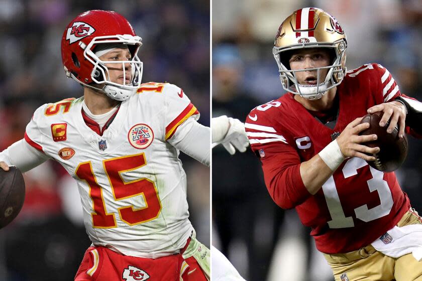 Kansas City Chiefs quarterback Patrick Mahomes and San Francisco 49ers quarterback Brock Purdy side by side.