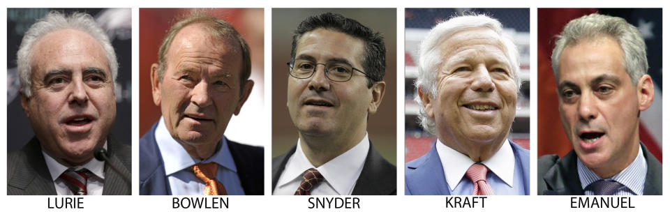 FILE - From left are file photos showing Philadelphia Eagles owner Jeffrey Lurie in 2013, Denver Broncos owner Pat Bowlen in 2013, Washington Redskins owner Dan Snyder in 2010, New England Patriots owner Robert Kraft in 2013, and Chicago Mayor Rahm Emanuel in 2013. This year's Super Bowl might be just the beginning of cold-weather big games for the NFL. Boston, Philadelphia, Chicago _ all major cities with outdoor venues that could host the event that is a Super Bowl Week _ could be lining up for their chance to be in the spotlight as a new era in the NFL is about to dawn. (AP Photo/File)