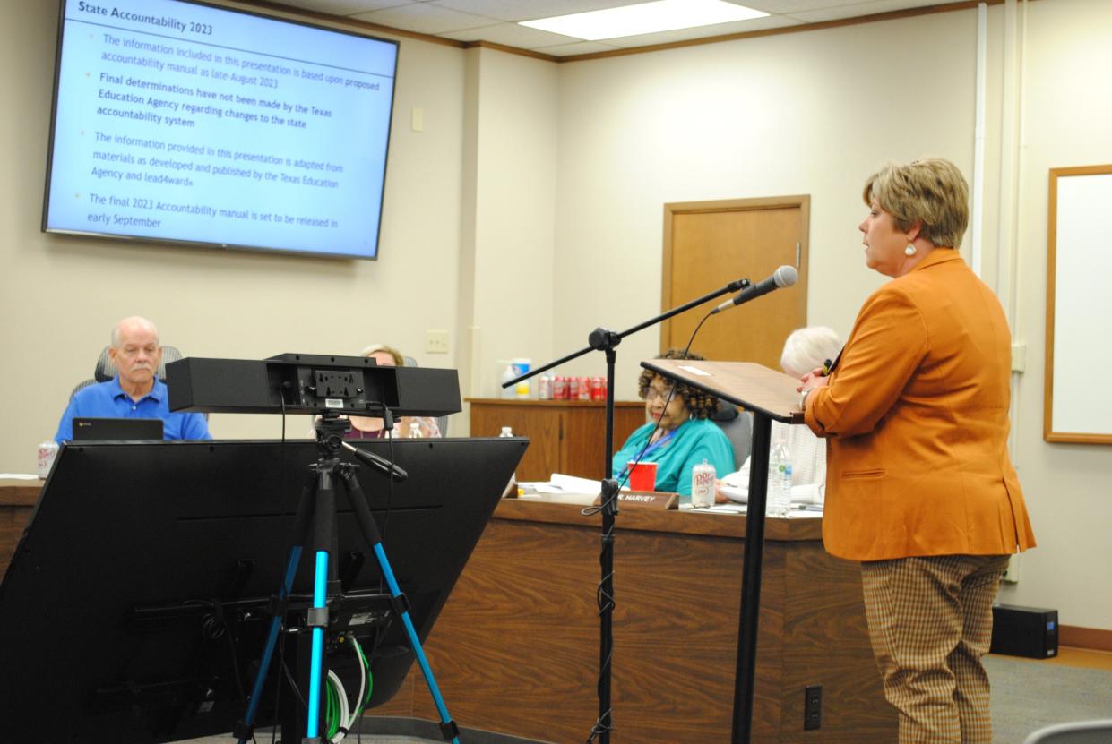 Micki Wesley from the Region 9 Education Service Center gives a presentation Tuesday afternoon to the WFISD board of trustees about proposed changes to the public school accountability ratings.