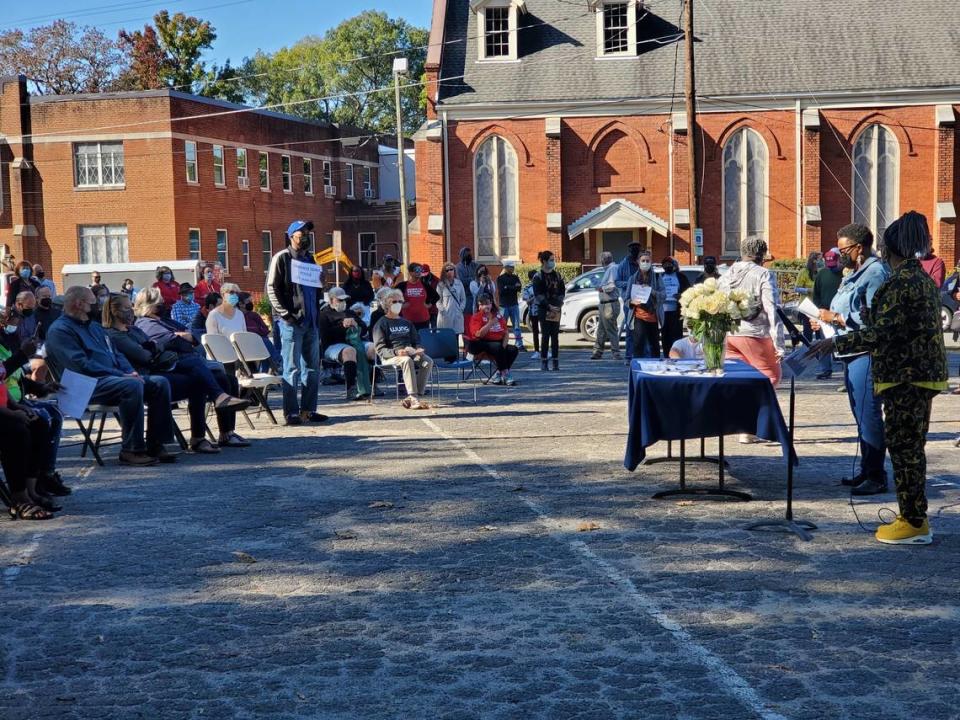 The Rev. Annette Love speaks during the Religious Coalition for a Nonviolent Durham’s annual Vigil Against Violence, held Saturday morning, Oct. 23, 2021, outside Elizabeth Street United Methodist Church.