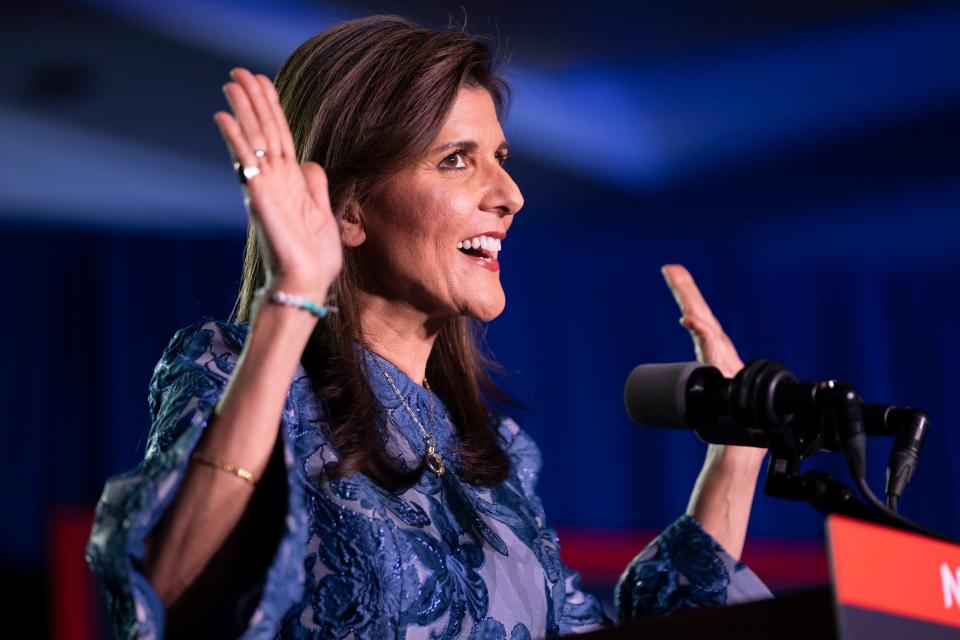 Republican presidential candidate Nikki Haley speaks at her New Hampshire presidential primary watch party at the Grappone Conference Center in Concord, NH, on Tuesday, January 23, 2024. Haley was unable to secure enough votes to take the stateÕs delegates from former President Donald J. Trump.