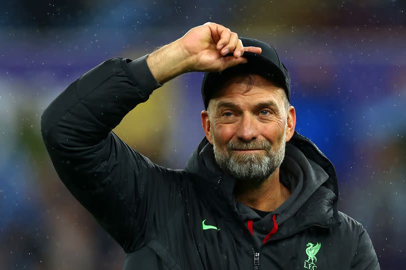 Liverpool manager Jurgen Klopp salutes the supporters following the Premier League match at Aston Villa on May 13 2024