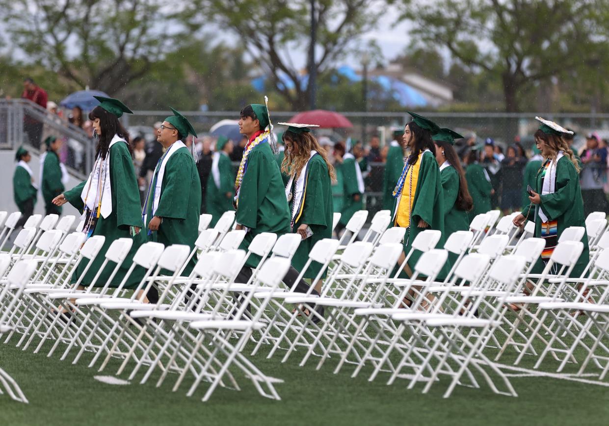 Rain fell early last week as Oxnard's Pacifica High School graduates walked to their seats for commencement. The weekend brought rain and hail but a warming trend is expected this week.