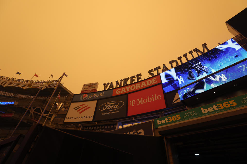 A general view of hazy conditions resulting from Canadian wildfires at Yankee Stadium on Wednesday.  / Credit: New York Yankees / Getty Images