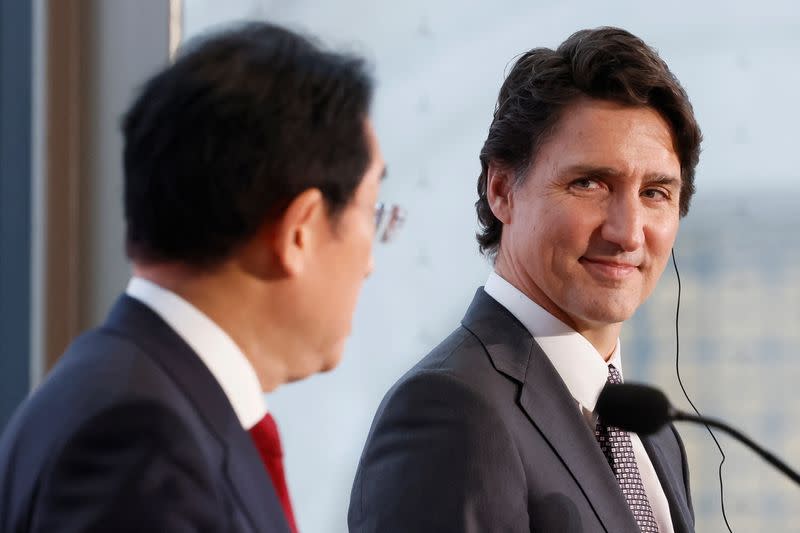 Canada's Prime Minister Justin Trudeau and Japanese Prime Minister Fumio Kishida attend a joint news conference in Ottawa