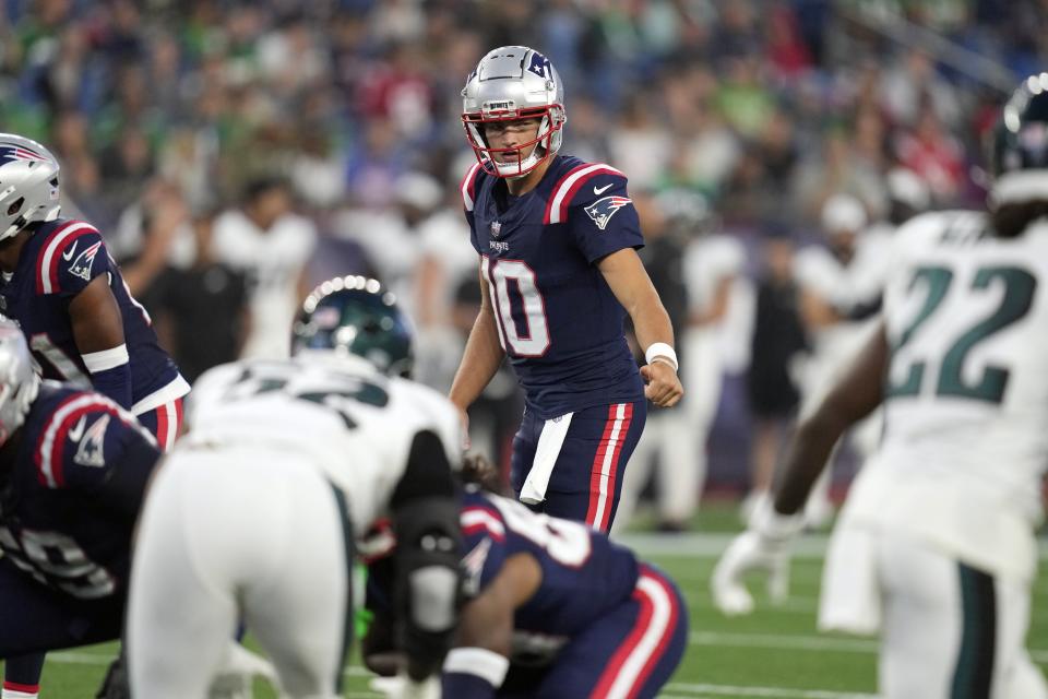 New England Patriots quarterback Drake Maye scored a rushing touchdown in his team's second preseason game. (AP Photo/Charles Krupa)