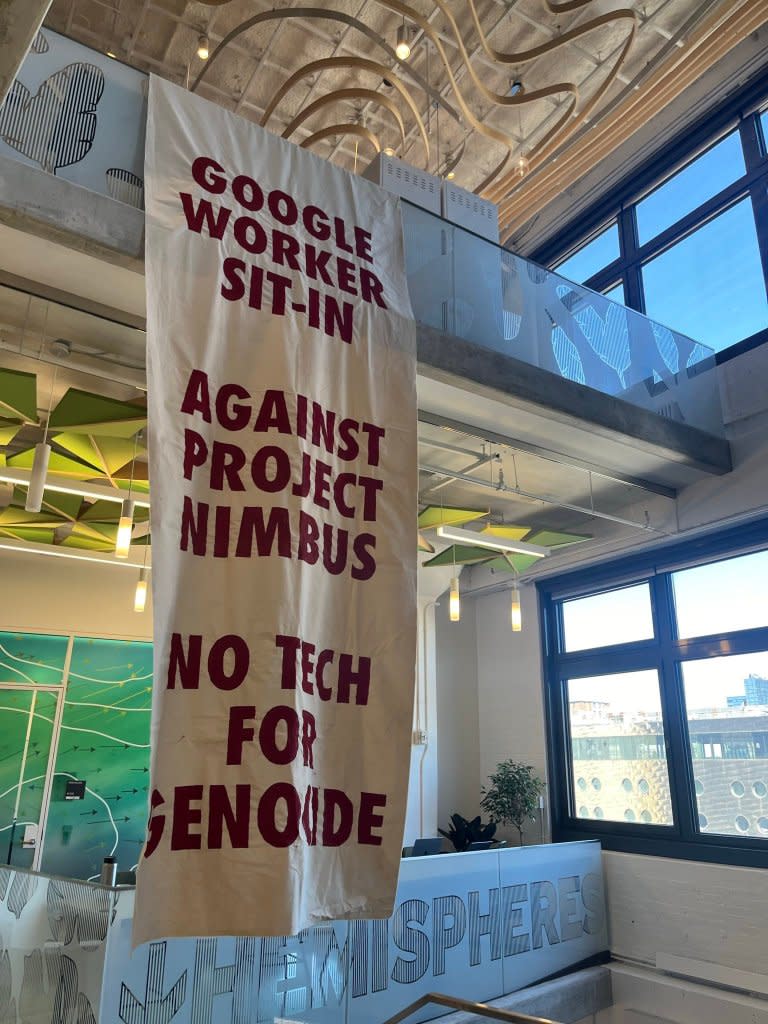Workers took over the 10th floor of Google’s offices in Manhattan, while other protesters swarmed the company’s offices in Seattle. X/@NoTechApartheid