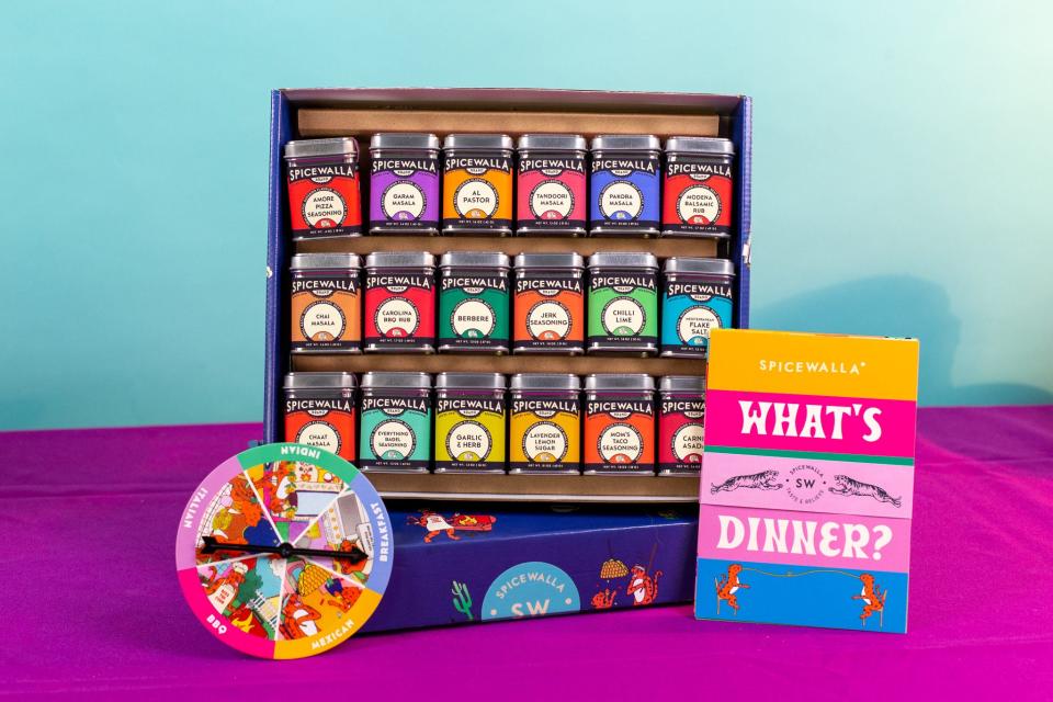 Spicewalla's "What's for Dinner?" kit includes 18 signature blends and seasonings and a game to assist with choosing a cuisine style and recipe to make for dinner.