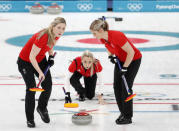 Curling - Pyeongchang 2018 Winter Olympics - Women's Bronze Medal Match - Britain v Japan - Gangneung Curling Center - Gangneung, South Korea - February 24, 2018 - Vice-skip Anna Sloan of Britain watches the shot as her teammates, lead Lauren Gray and second Vicki Adams, sweep. REUTERS/Cathal McNaughton