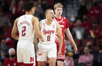 Nebraska's C.J. Wilcher (0) reacts after Wisconsin was called for a foul during the first half of an NCAA college basketball game Thursday, Jan. 27, 2022, in Lincoln, Neb. (AP Photo/Rebecca S. Gratz)