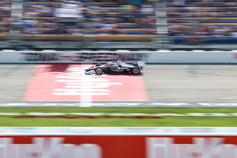 Jul 22, 2023; Newton, Iowa, USA; Team Penske driver Josef Newgarden (2) of the United States crosses the finish line to win the Hy-Vee Homefront 250 at the Iowa Speedway. Mandatory Credit: Reese Strickland-USA TODAY Sports