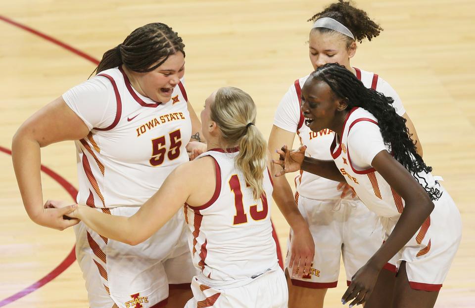 Iowa State Cyclones center Audi Crooks (55), guard Hannah Belanger (13), forward Nyamer Diew (5), and guard Arianna Jackson (2) have helped power the Cyclones to a 2-0 start in Big 12 play.