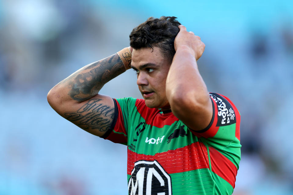 Latrell Mitchell, pictured here after South Sydney's loss to the Warriors.