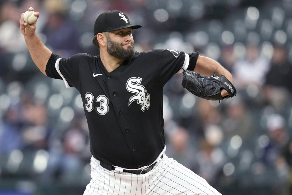 Chicago White Sox starting pitcher Lance Lynn delivers during the first inning of the team's baseball game against the Cleveland Guardians on Tuesday, May 16, 2023, in Chicago. (AP Photo/Charles Rex Arbogast)