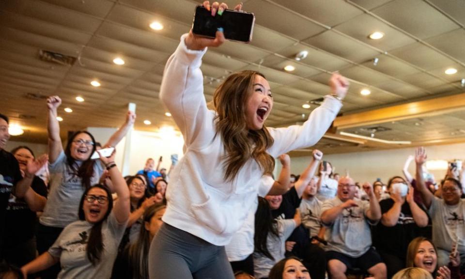 Sunisa Lee’s sister, Shyenne, celebrates her victory in the gymnastics all-around event