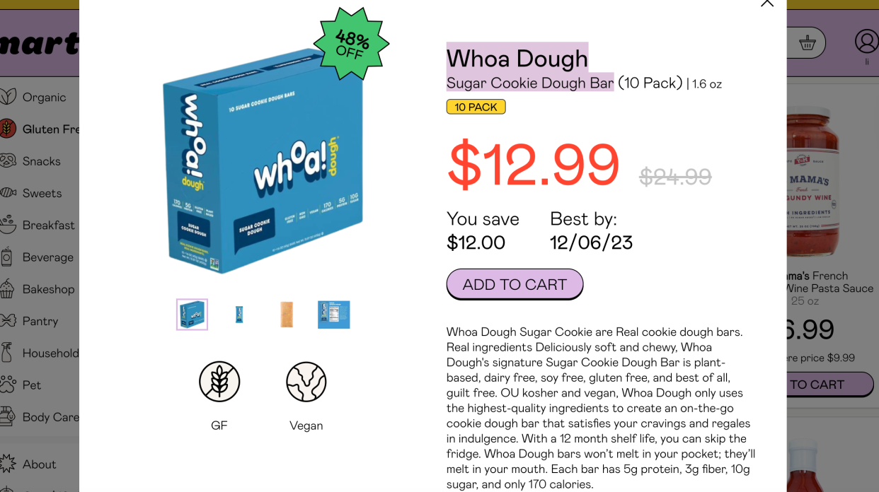 screen shot of Whoa Dough  Sugar Cookie Dough Bar on Martie site