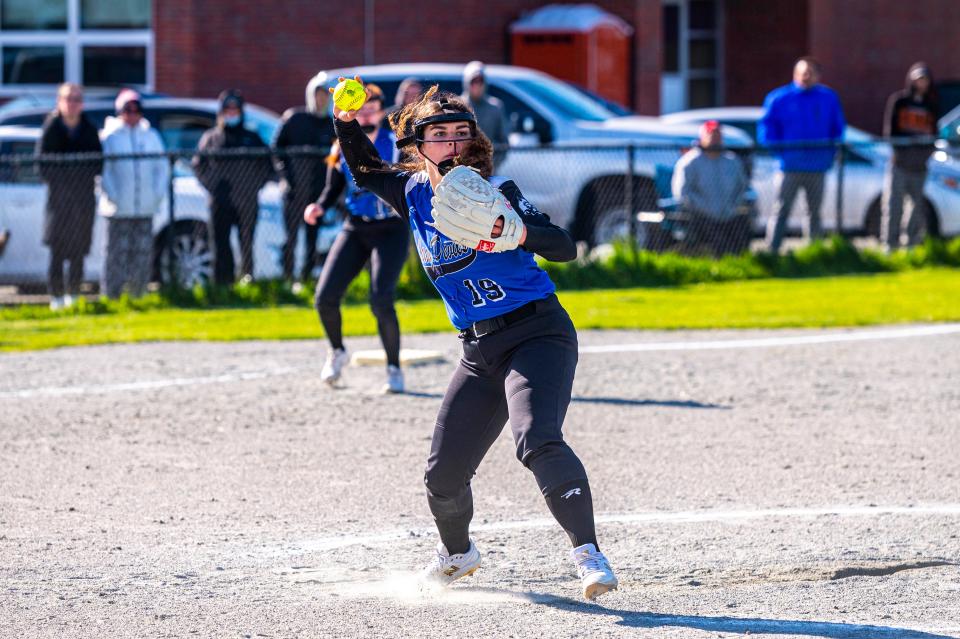 Fairhaven pitcher Bella Rocha-Medeiros fires to first to record the out.
