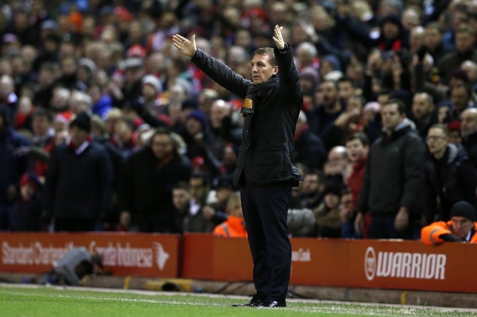 Liverpool's manager Brendan Rodgers gestures during their FA Cup fourth round soccer match against Bolton Wanderers at Anfield in Liverpool, northern England January 24, 2015. REUTERS/Phil Noble (BRITAIN - Tags: SPORT SOCCER)