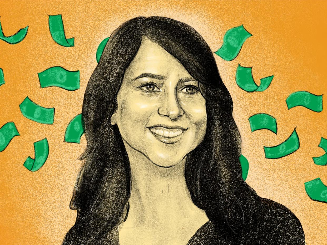 illustration of Mackenzie Scott on an orange background with money floating behind her