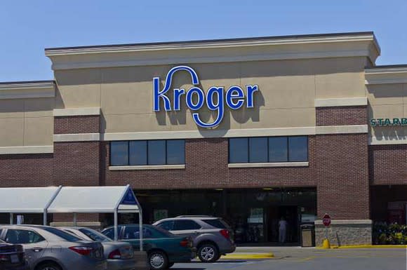 The front of a Kroger store.