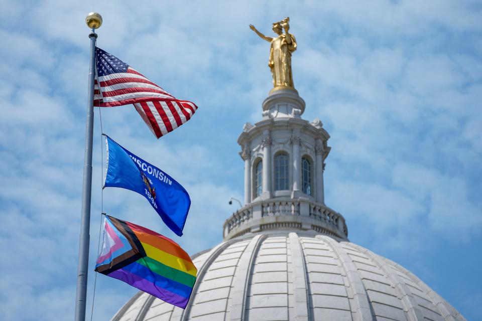 The pride flag flies at the Wisconsin State Capitol on June 1 in Madison.