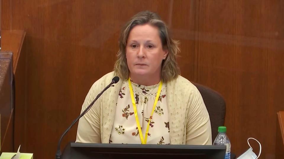 In this screen grab from video, former Brooklyn Center Police Officer Kim Potter testifies in court, Friday, Dec. 17, 2021 at the Hennepin County Courthouse in Minneapolis, Minn.