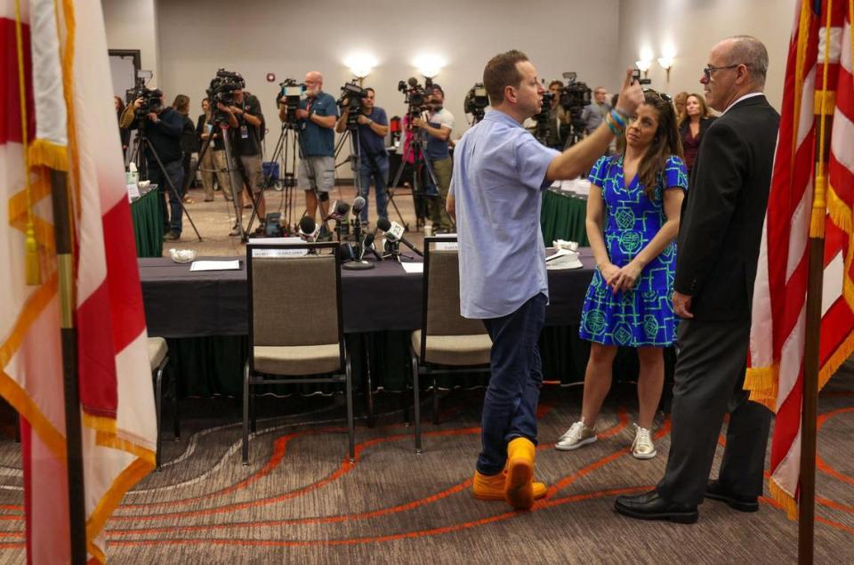 Congressman Jared Moskowitz, left, converses with the Fred Guttenberg, right, prior to the start Secretary Cardona’s roundtable at the Fort Lauderdale Marriot Coral Springs Hotel & Convention Center, in Parkland, Florida. The U.S. Secretary of Education Miguel Cardona participated in a round table with parents of victims of the mass shooting by the invitation of U.S. Congressman Jared Moskowitz regarding school safety and mental health after visiting Marjory Stoneman Douglas High School on Monday, January 22, 2024, in Parkland, Florida.
