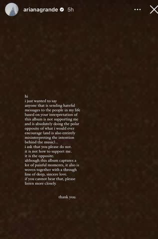 <p>ariana grande/Instagram</p> Ariana Grande's message to fans, posted on March 9