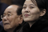 FILE - In this Feb. 10, 2018, file photo, Kim Yo Jong, sister of North Korean leader Kim Jong Un, right, and North Korea's nominal head of state Kim Yong Nam, wait for the start of the preliminary round of the women's hockey game between Switzerland and the combined Koreas at the 2018 Winter Olympics in Gangneung, South Korea. Kim Yo Jong, the younger sister of Kim Jong Un, made the first-ever visit to the South by a member of the ruling Kim dynasty since the end of the 1950-53 Korean War. (AP Photo/Felipe Dana, File)